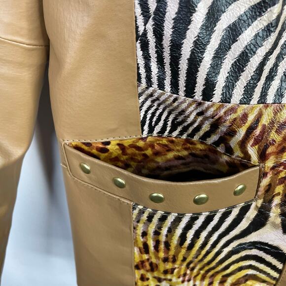Sharif 1927 Tan Leather Mixed Animal Print Leather Mob Wife Moto Jacket womens S - Picture 6 of 14
